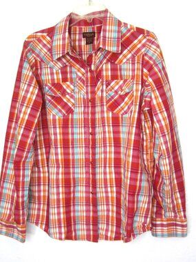 Life Style Size XL Pearl Snap Shirt Top Pink Orange Western Plaid Metallic VGUC